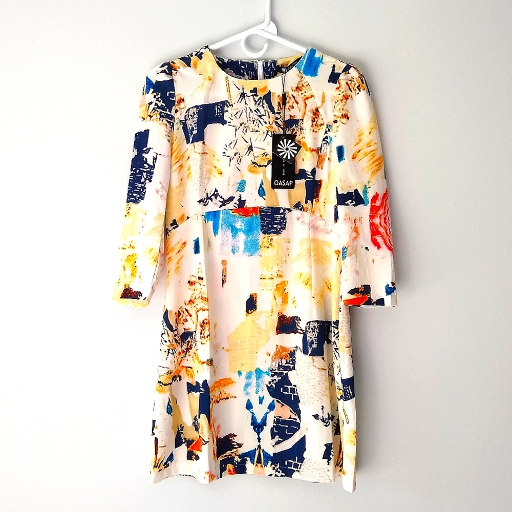 New OASAP Long-Sleeve Graphic Patterned Mini Dress, White Blue Yellow, Medium